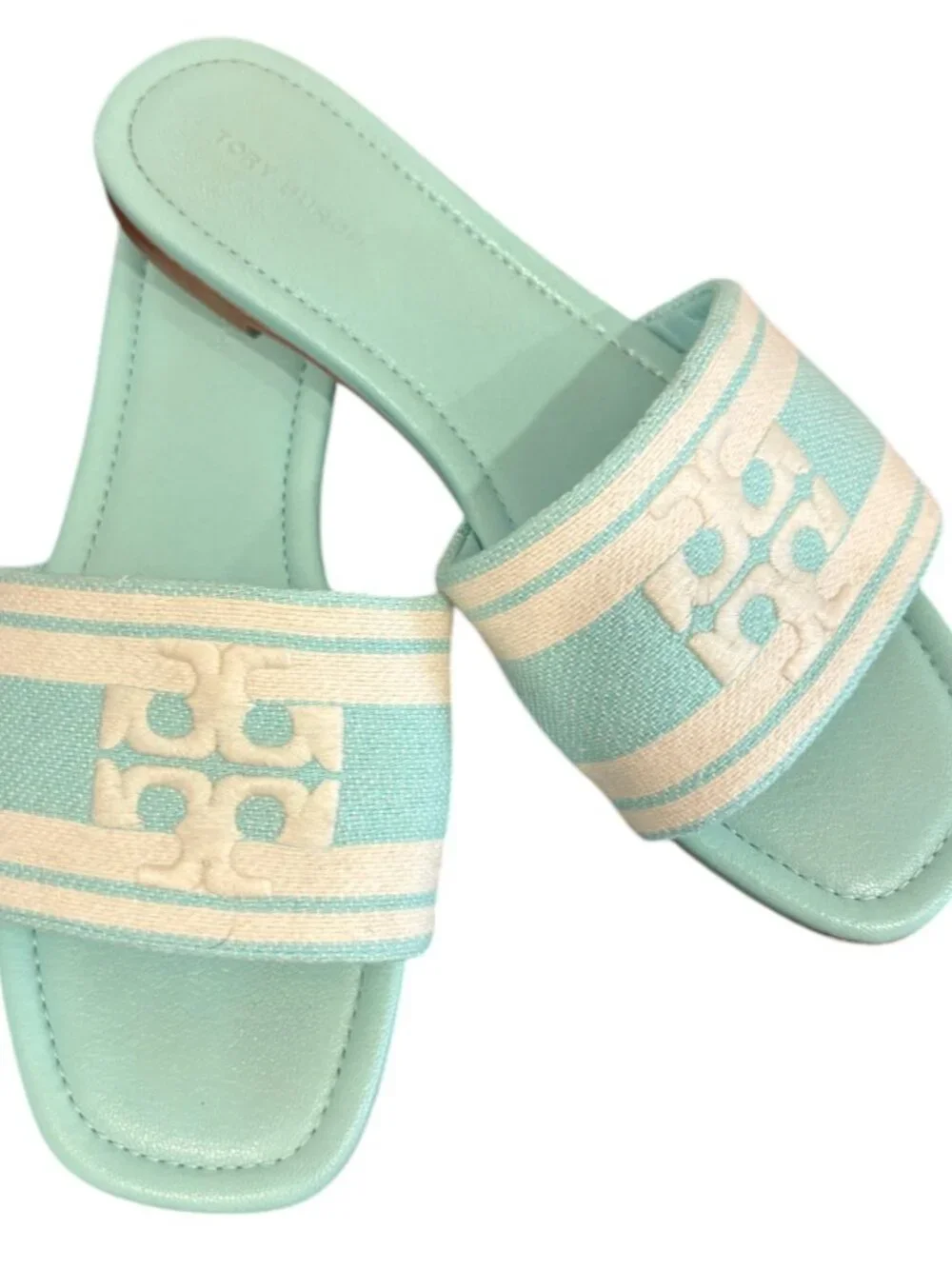 Tory Burch Teal Turquoise Jacquard Sandals Slides 7.5